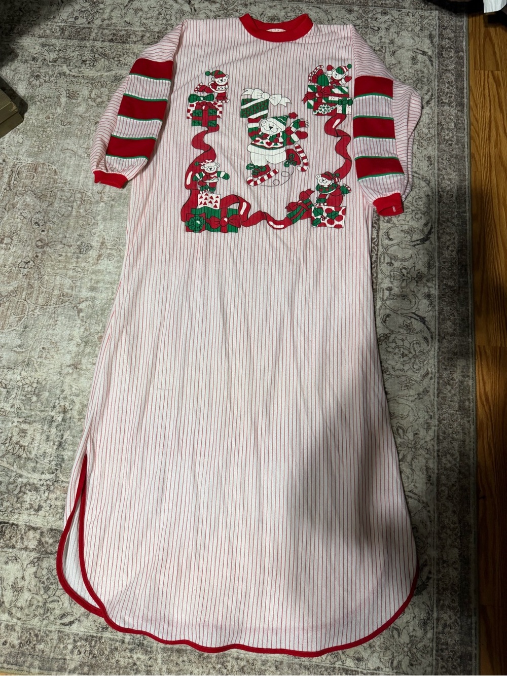 VTG 80s Beanzie Christmas Teddy Bear Striped Maxi Nightgown Sleepshirt OSFA